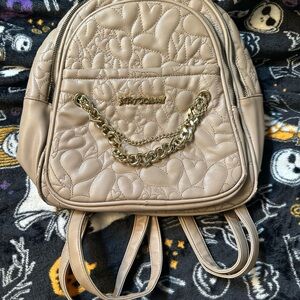 Betsy Johnson Quilted Heart Mini Backpack in Beige with Gold Chain